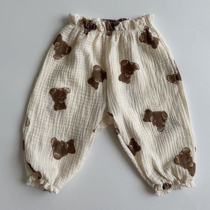Barnkläder, babykläder, Barnbyxor framtill beige björnar