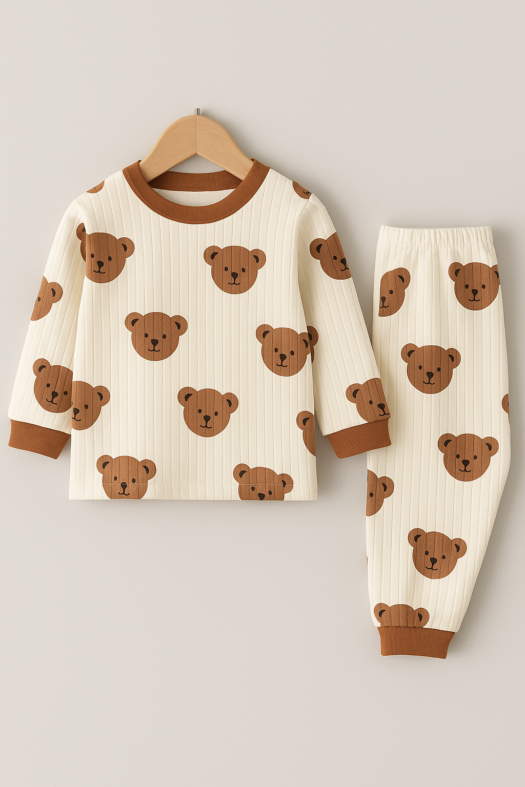 Översiktsbild av bruna björnar barn pyjamas set – barnkläder i mjuk bambu