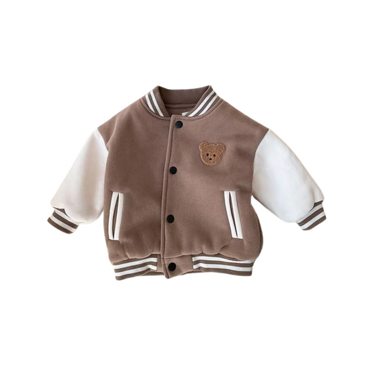 Baseballjacka barnkläder, babykläder, teddybjörn, Brun/Vit framtill