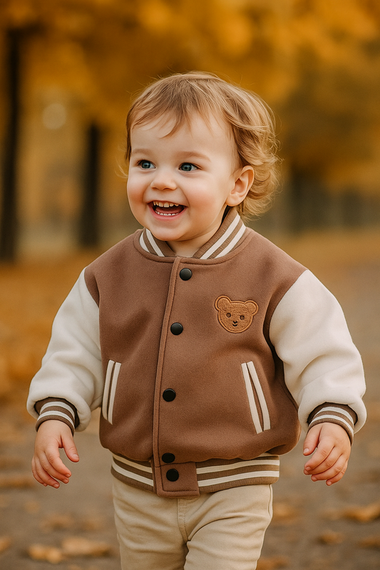 Barnkläder, babykläder, bebsikläder, barnjacka, Barseballjacka barn björn. Glatt barn med jacka på sig under höst.