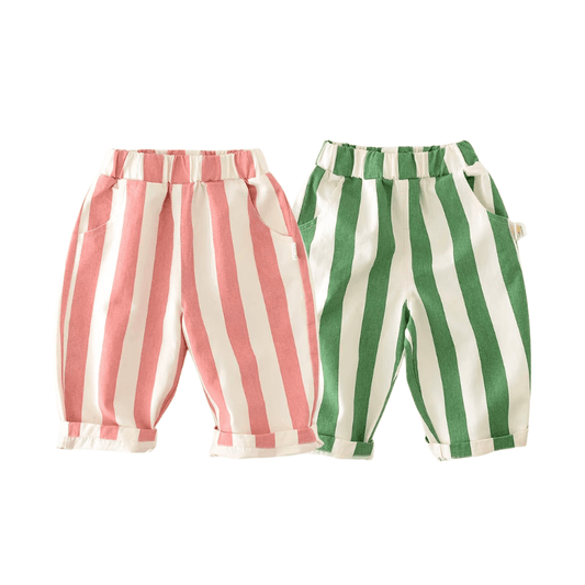Barnkläder, babykläder, Byxor randiga grön rosa framifrån