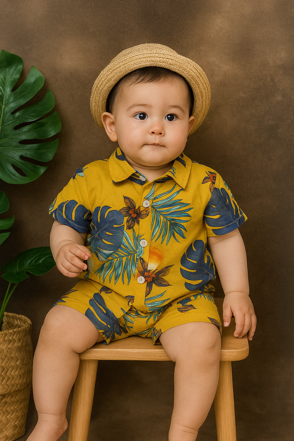 Barnkläder exempelbild sittande bebis. Tropiskt set med skjorta & shorts för barn, gul