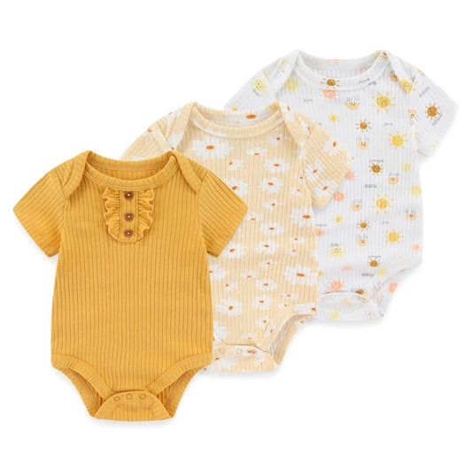 Barnkläder, bebiskläder, romper, onesies, Gult 3-pack kortärmade rompers - Mjuka babykläder