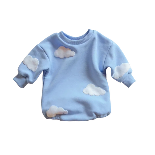 Barnkläder, babykläder, Romper i bomull blå med moln framifrån
