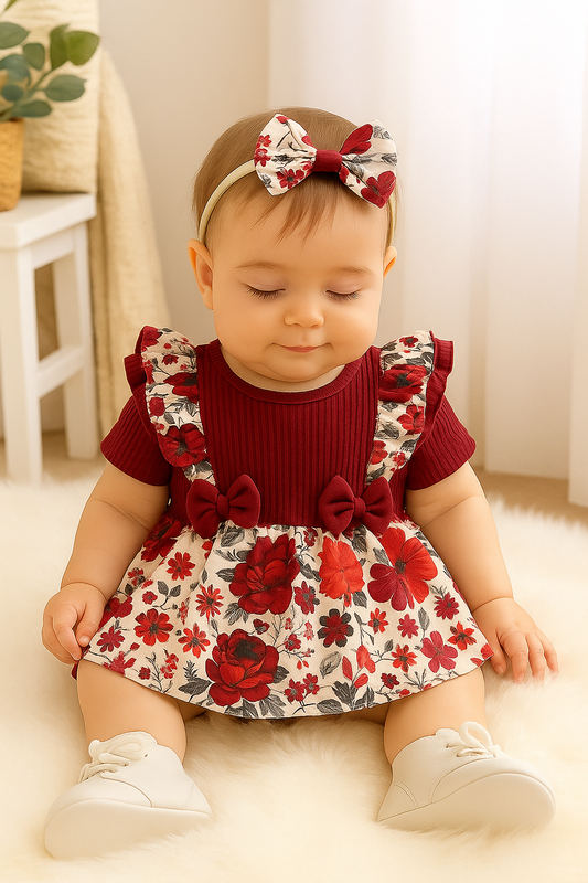 Babyklänning, barnklänning, barnkläder, babykläder, romper, modellbild, röd, inomhus
