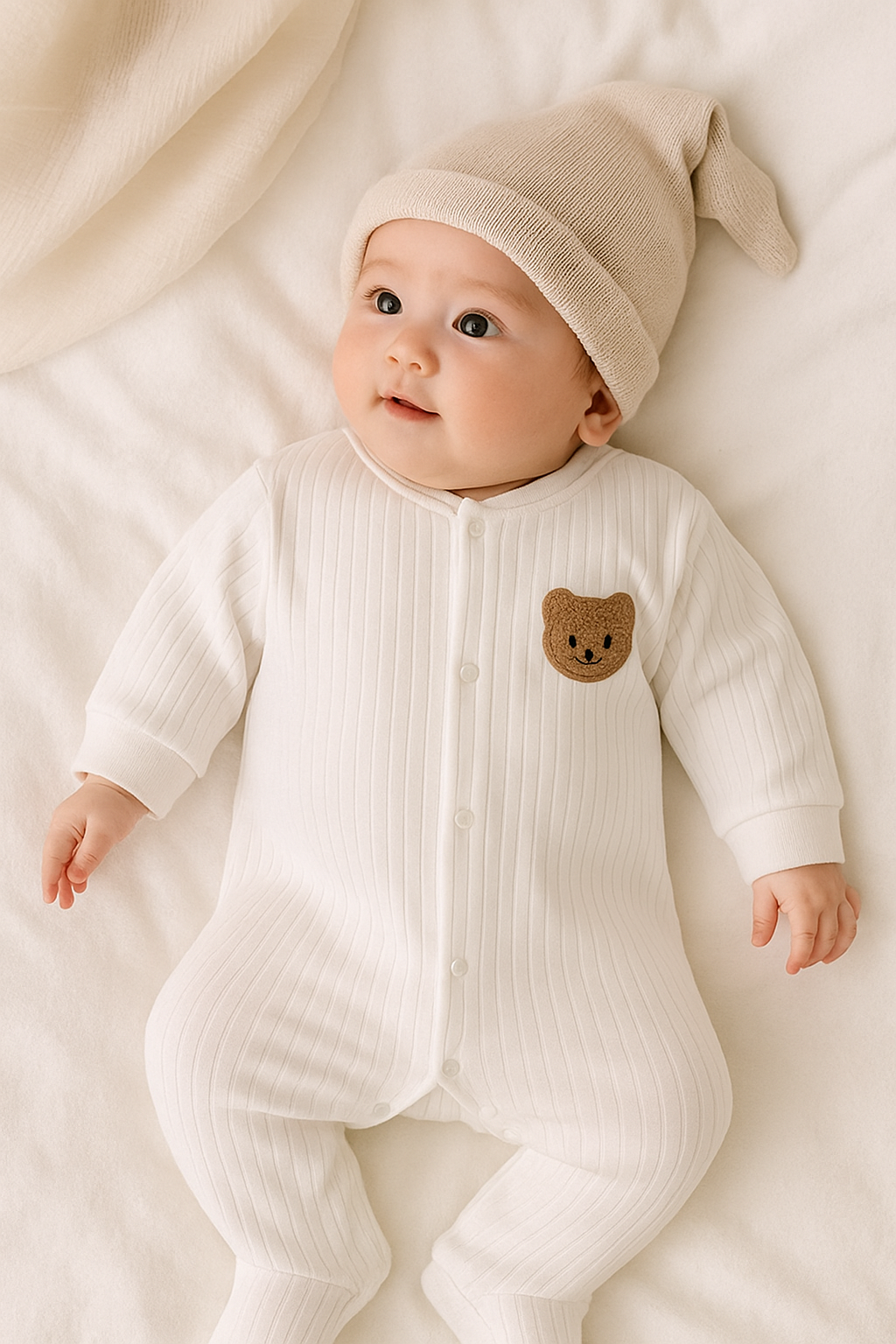 Baby jumpsuit - Onesies - Romper. Med björnbrodering på vänster bröst, Vit. Modellbild liggande bebis