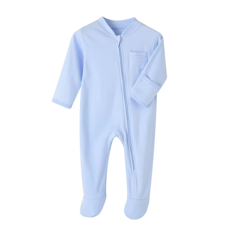 Barnkläder, babykläder, Baby zip romper blå framifrån