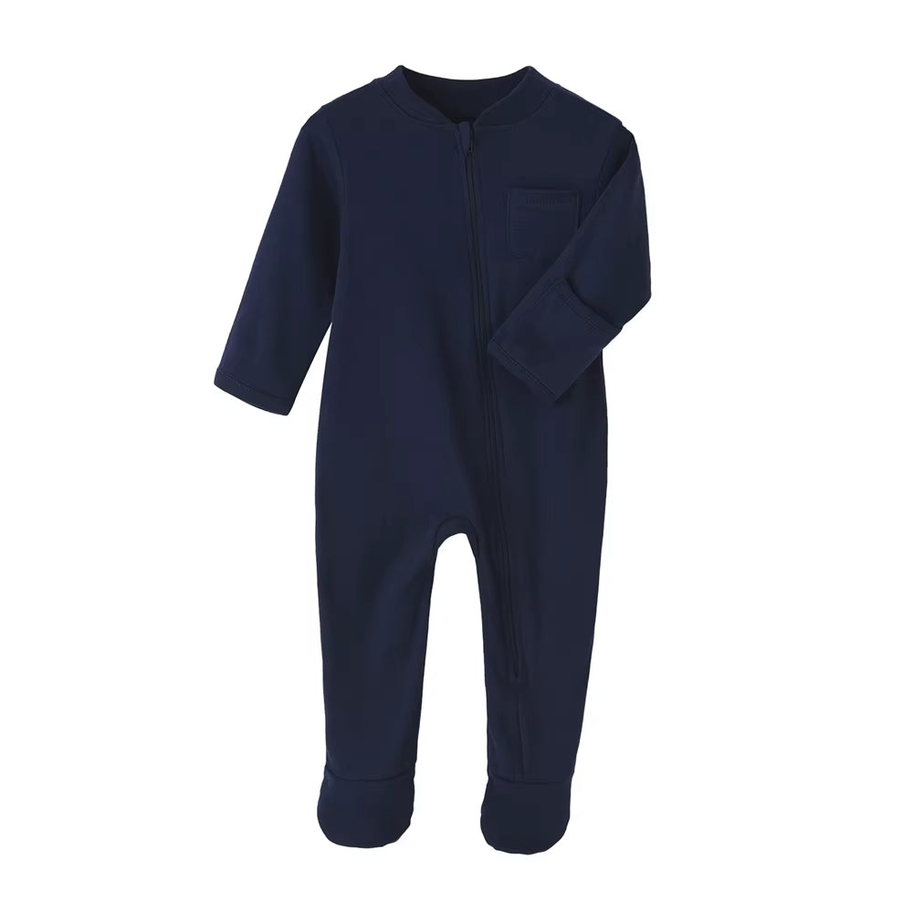 Barnkläder, babykläder, Baby zip romper mörkblå framifrån