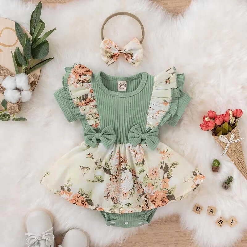 Babyklänning, barnklänning, barnkläder, babykläder, romper, framtill, grön