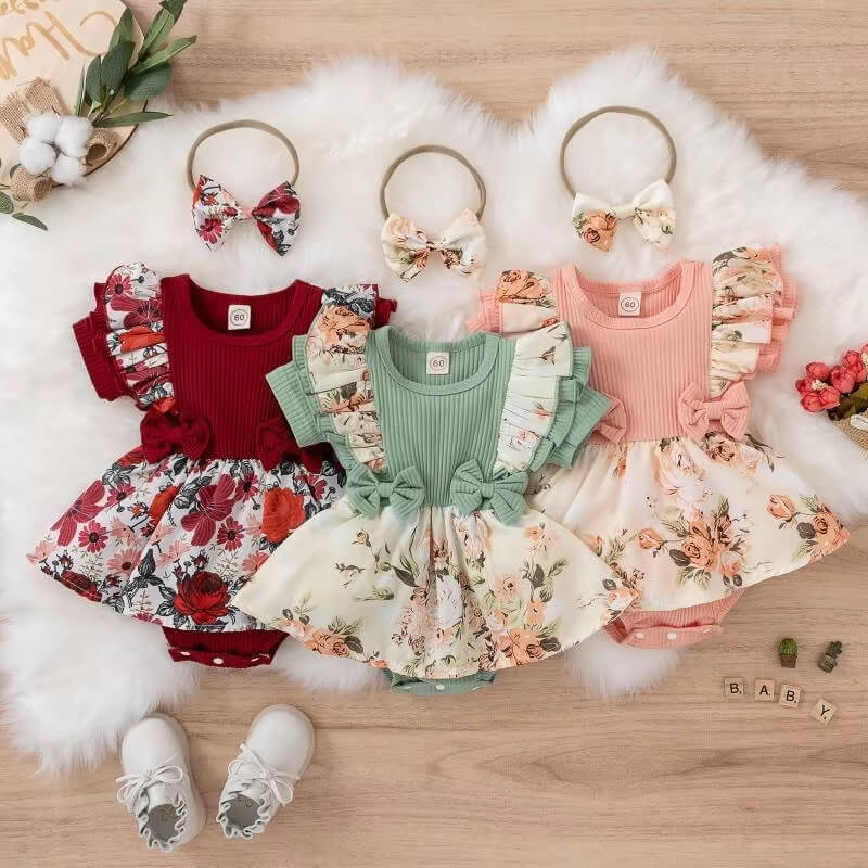 Babyklänning, barnklänning, barnkläder, babykläder, romper, framtill, gruppbild, grön, rosa, röd