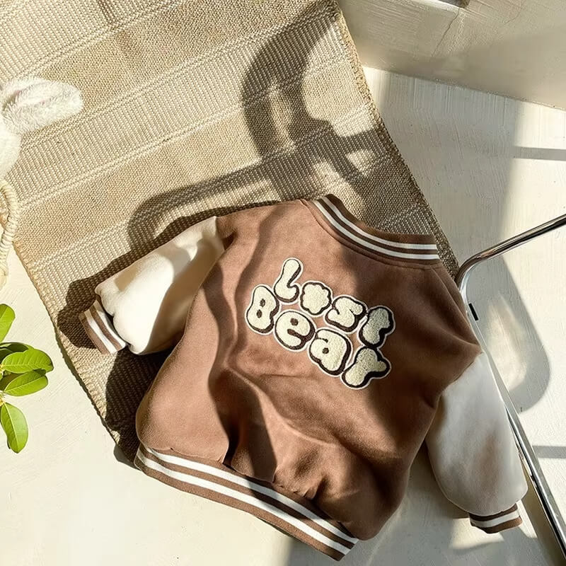 Baseballjacka barnkläder, babykläder, teddybjörn, Brun/Vit baktill