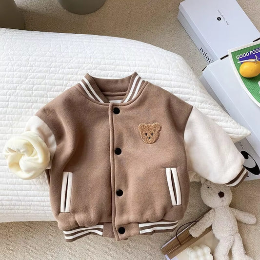 Baseballjacka barnkläder, babykläder, teddybjörn, Brun/Vit framtill med en arm uppvikt