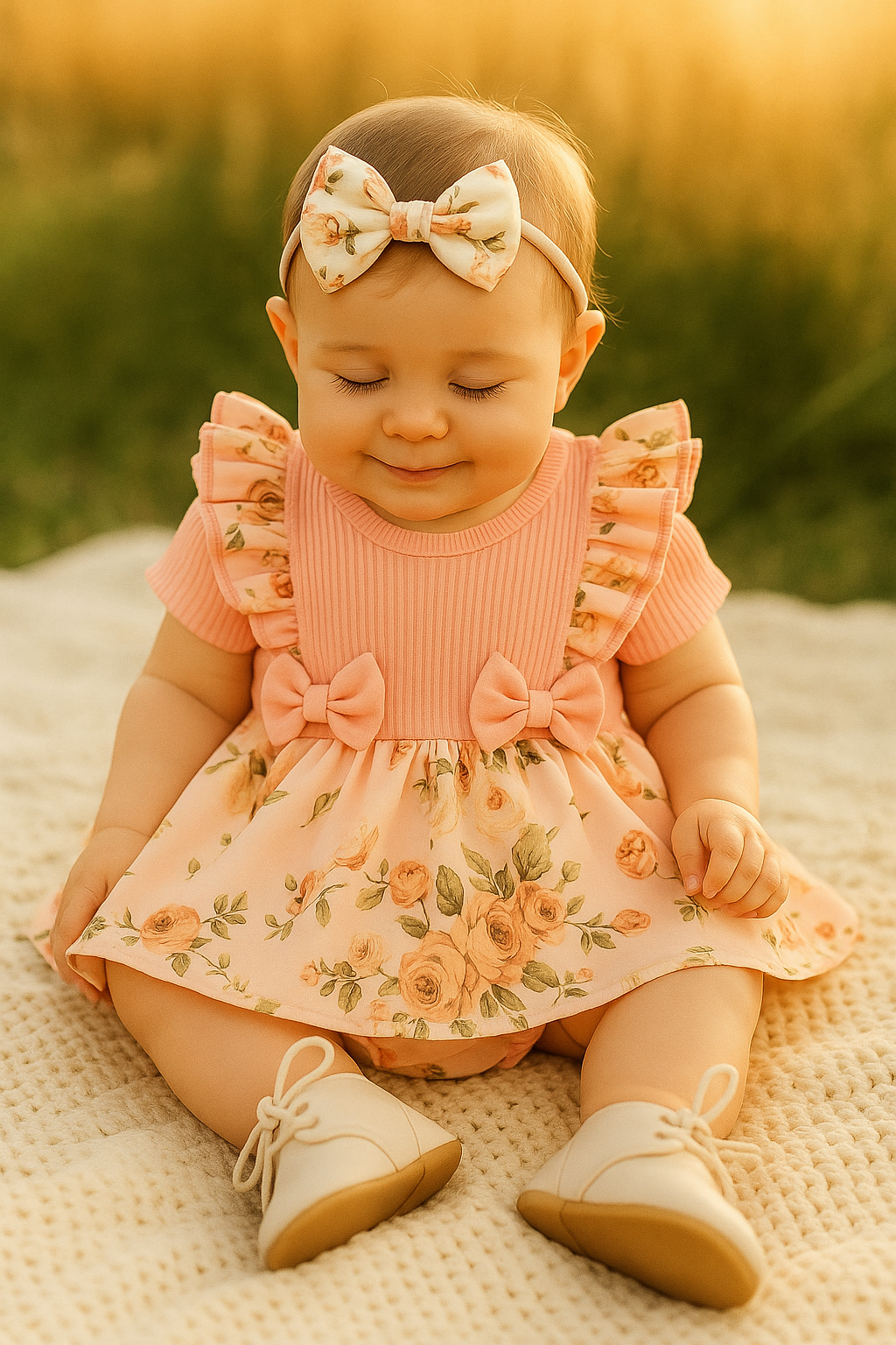 Babyklänning, barnklänning, barnkläder, babykläder, romper, modellbild, rosa, utomhus