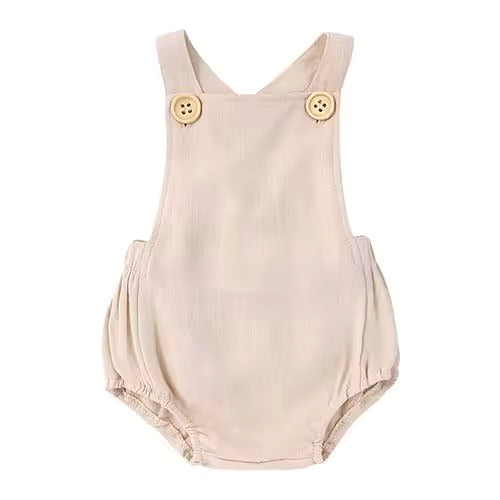 Barnkläder, babykläder, Beige sommarromper för baby framifrån