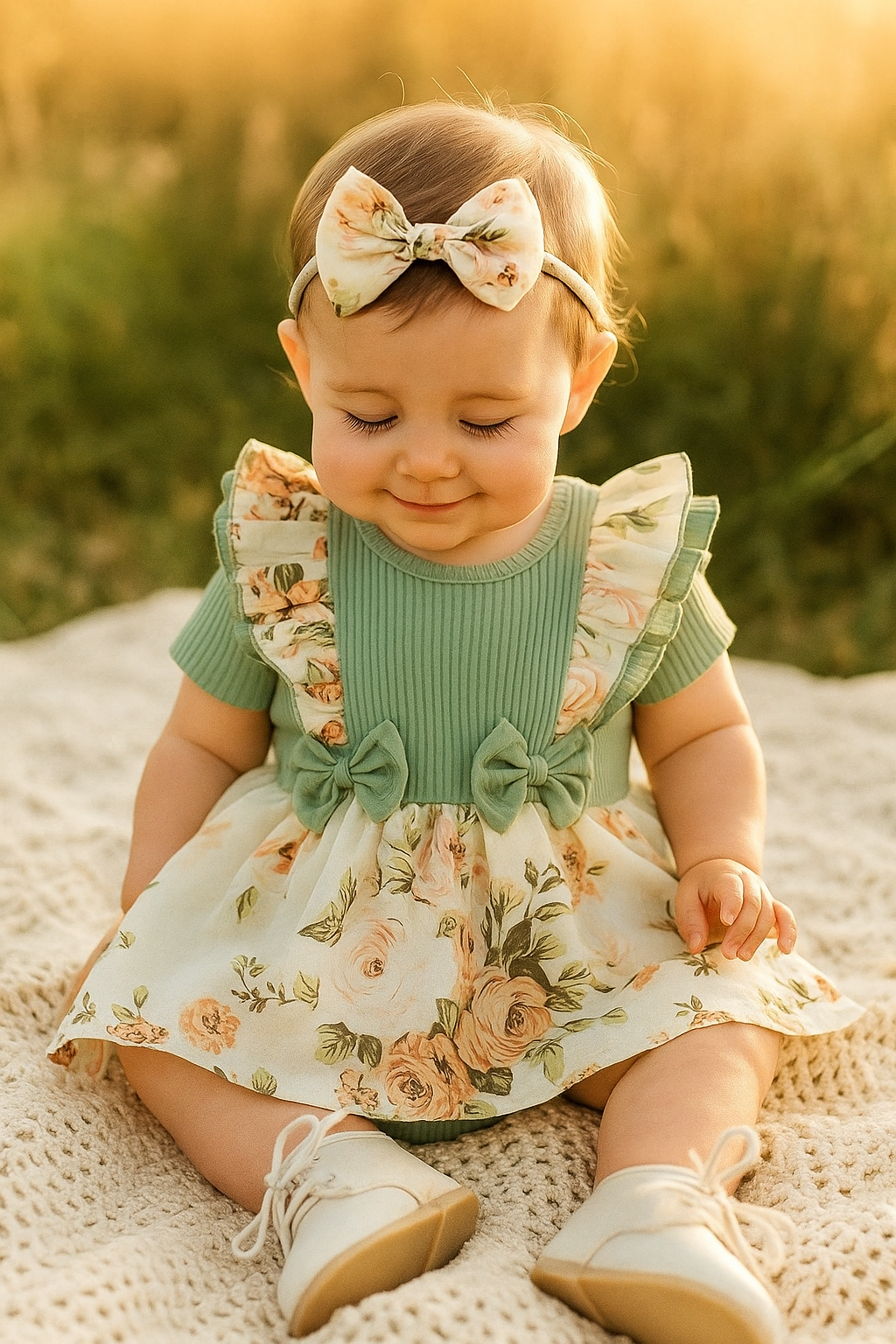 Babyklänning, barnklänning, barnkläder, babykläder, romper, modellbild, grön