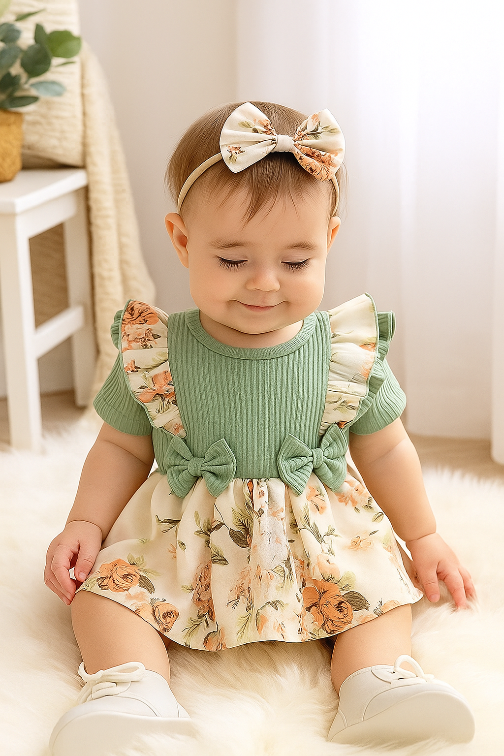 Babyklänning, barnklänning, barnkläder, babykläder, romper, modellbild, grön, inomhus