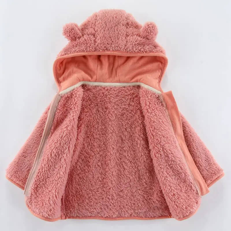 Fleecejacka med öron, barnkläder, babykläder, barnjacka rosa framtill uppknäppt