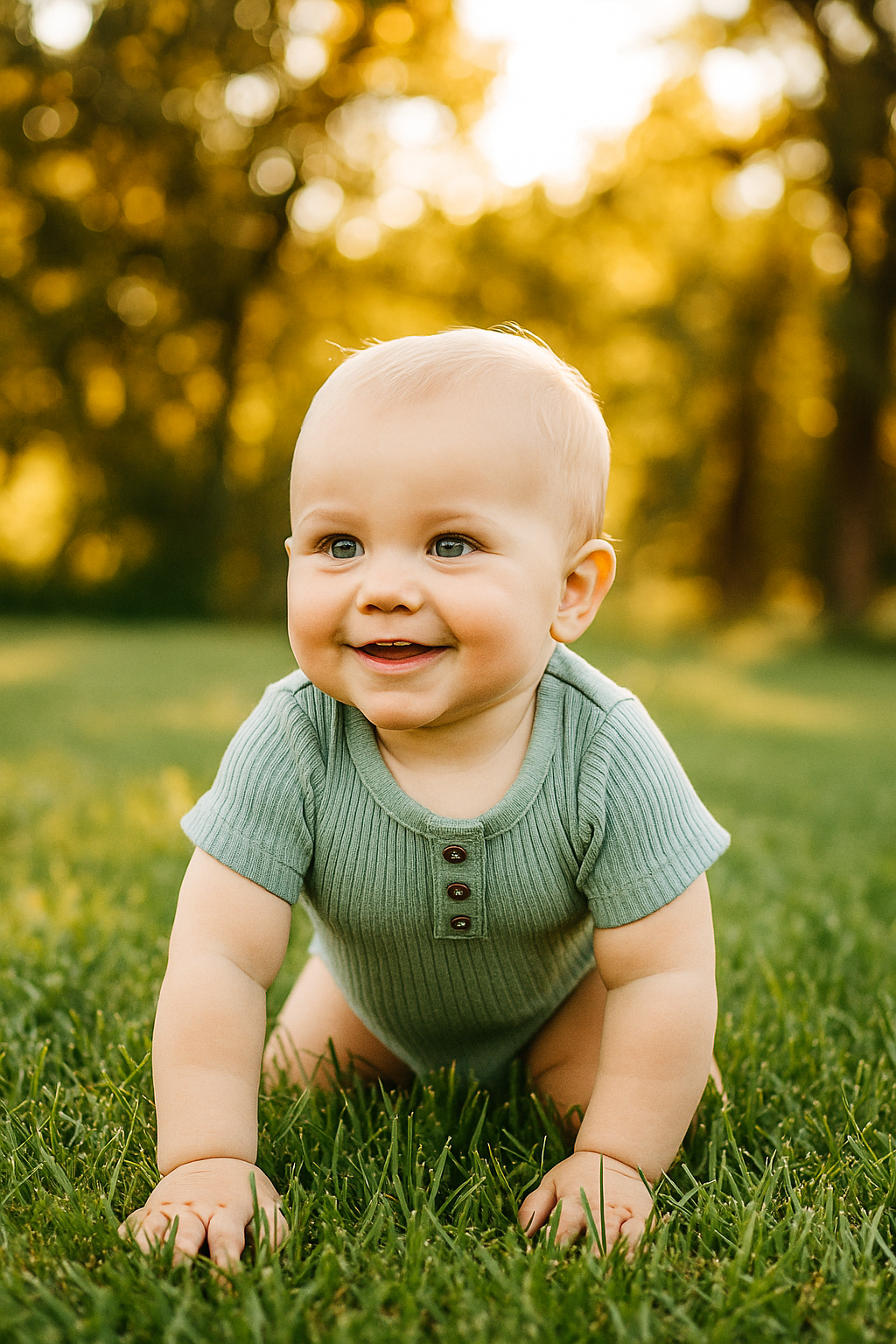 Barnkläder, babykläder, Onesies, Grön harmoni - somrigt 3-pack set mjuka rompers. Bebis kryper utomhus på gräsmattan.