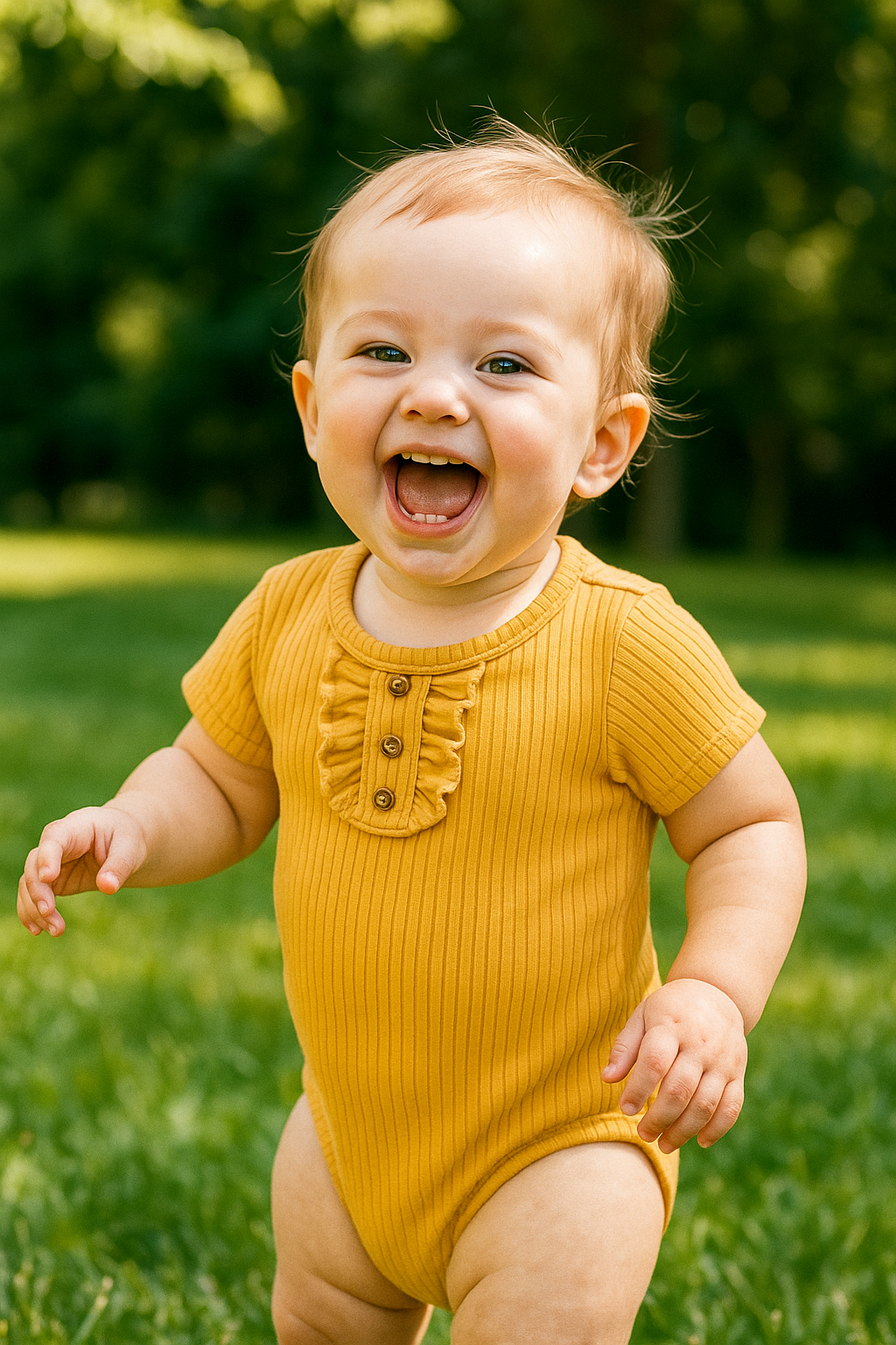 Barnkläder, bebiskläder, onesies, romper, Gult 3-pack kortärmade rompers - Mjuka babykläder, modellbild på ett glatt barn