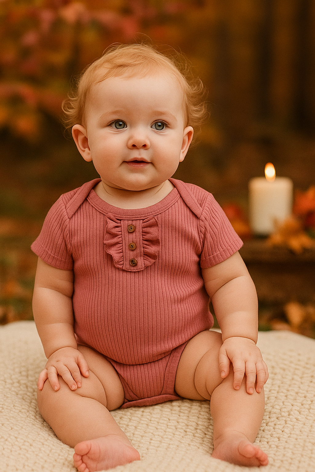Barnkläder, höstkläder barn, onesies, Höstens toner - 3-pack rompers babykläder. Bebis sitter utomhus på en filt med levande ljud tänt i bakgrunden