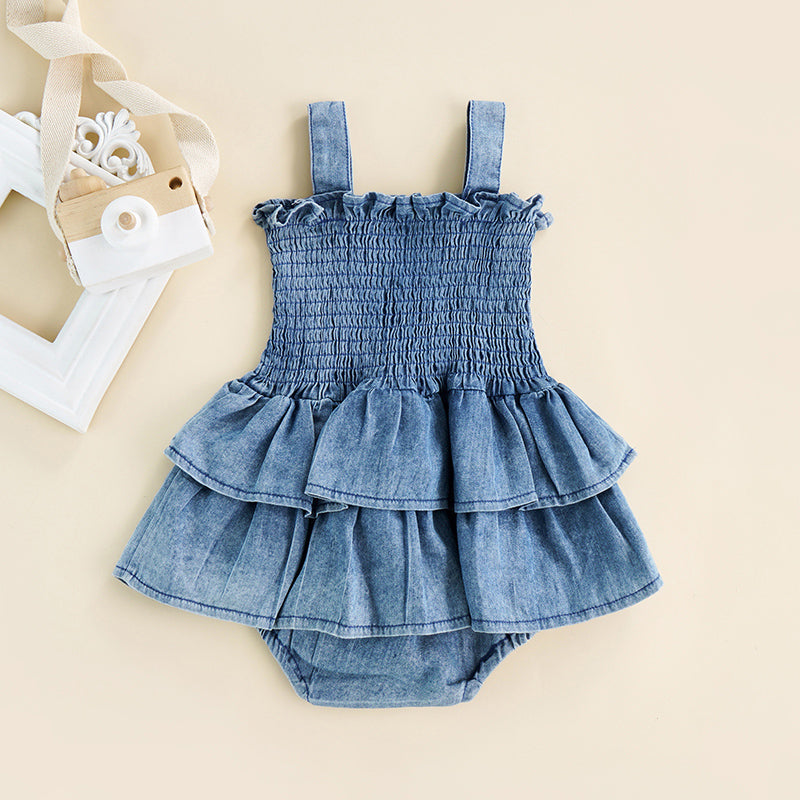 Barnkläder, babykläder, Romper, Jeansklänning baby framtill Blå