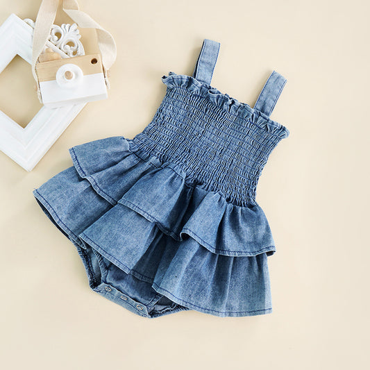Barnkläder, babykläder, Romper, Jeansklänning baby baktill Blå sned bild