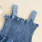 Barnkläder, babykläder, Romper, Jeansklänning baby detaljbild ovandel Blå