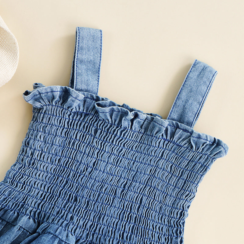 Barnkläder, babykläder, Romper, Jeansklänning baby detaljbild ovandel Blå