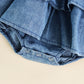Barnkläder, babykläder, Romper, Jeansklänning baby närbild nedtill Blå