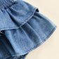 Barnkläder, babykläder, Romper, Jeansklänning baby närbild tyg Blå