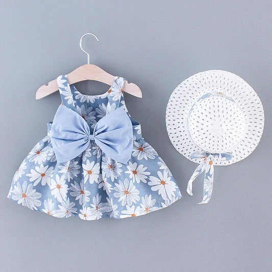 Barnkläder, babykläder, Romper klänning blå blommig med rosett framifrån