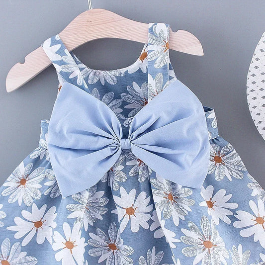 Barnkläder, babykläder, Romper klänning blå blommig med rosett närbild